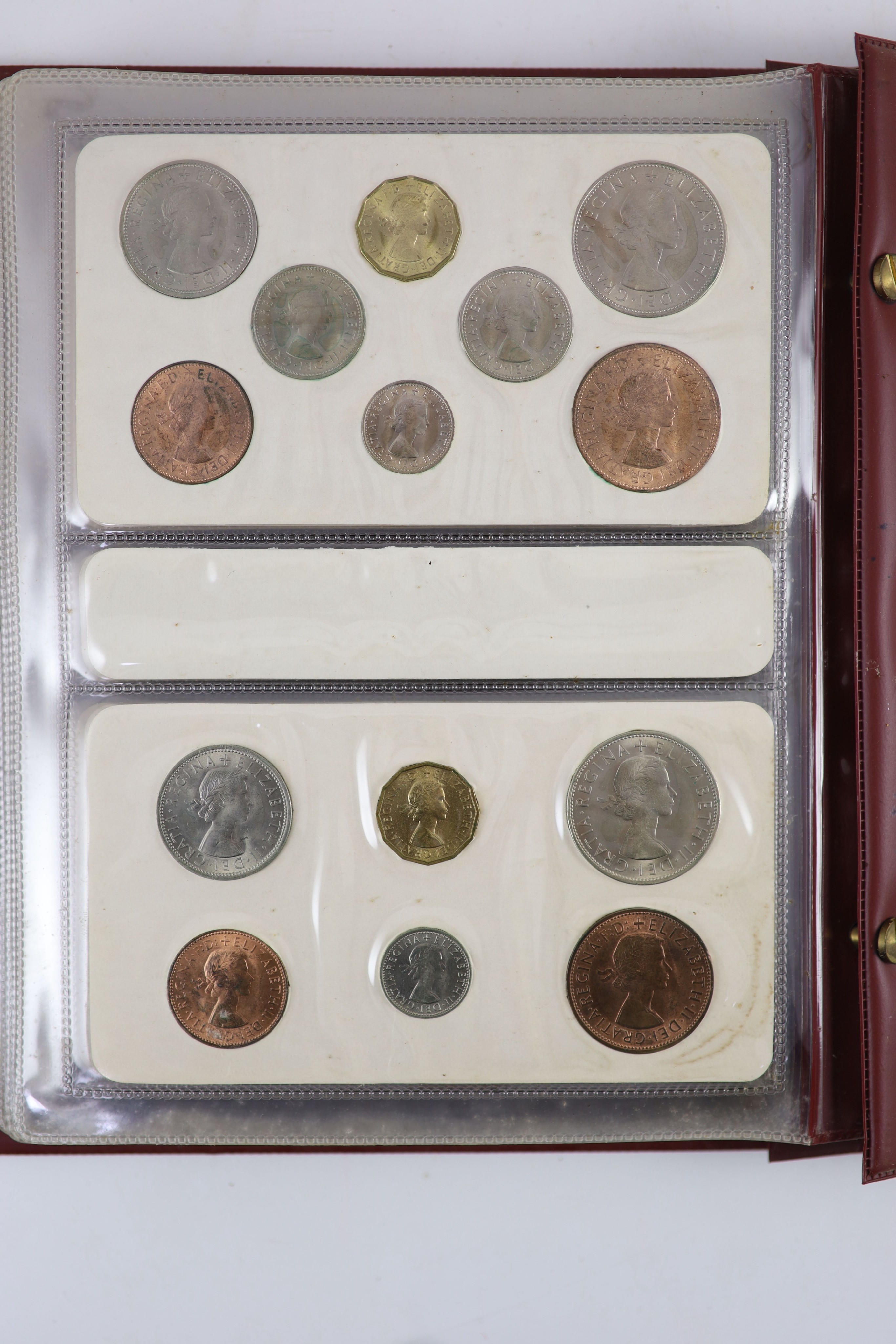 Queen Elizabeth II pre-decimal specimen coin sets for 1953 - 1967, first and second issues, all EF/UNC (15 sets), including 1954, 1957-1959 halfcrowns, florins and shillings, scarce in high grade